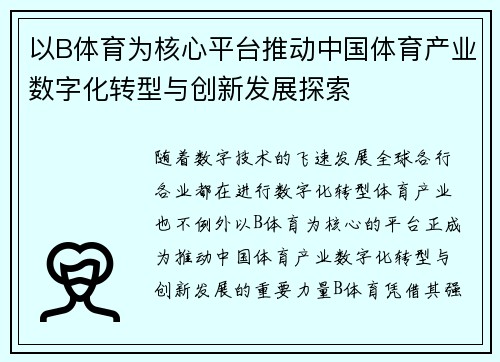 以B体育为核心平台推动中国体育产业数字化转型与创新发展探索